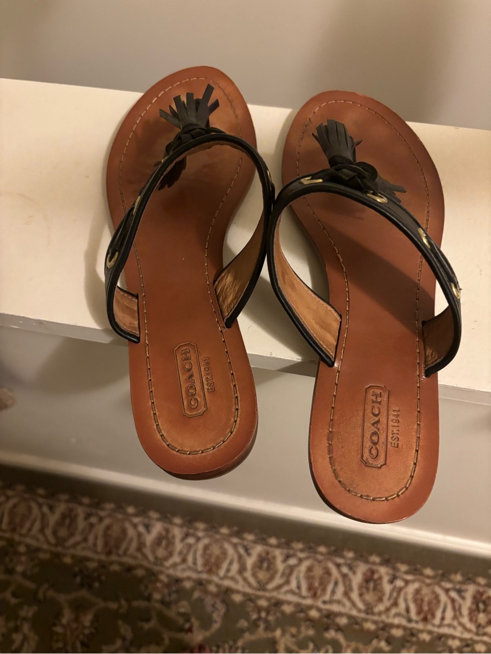 Coach Black Leather Tassel Thong Sandals